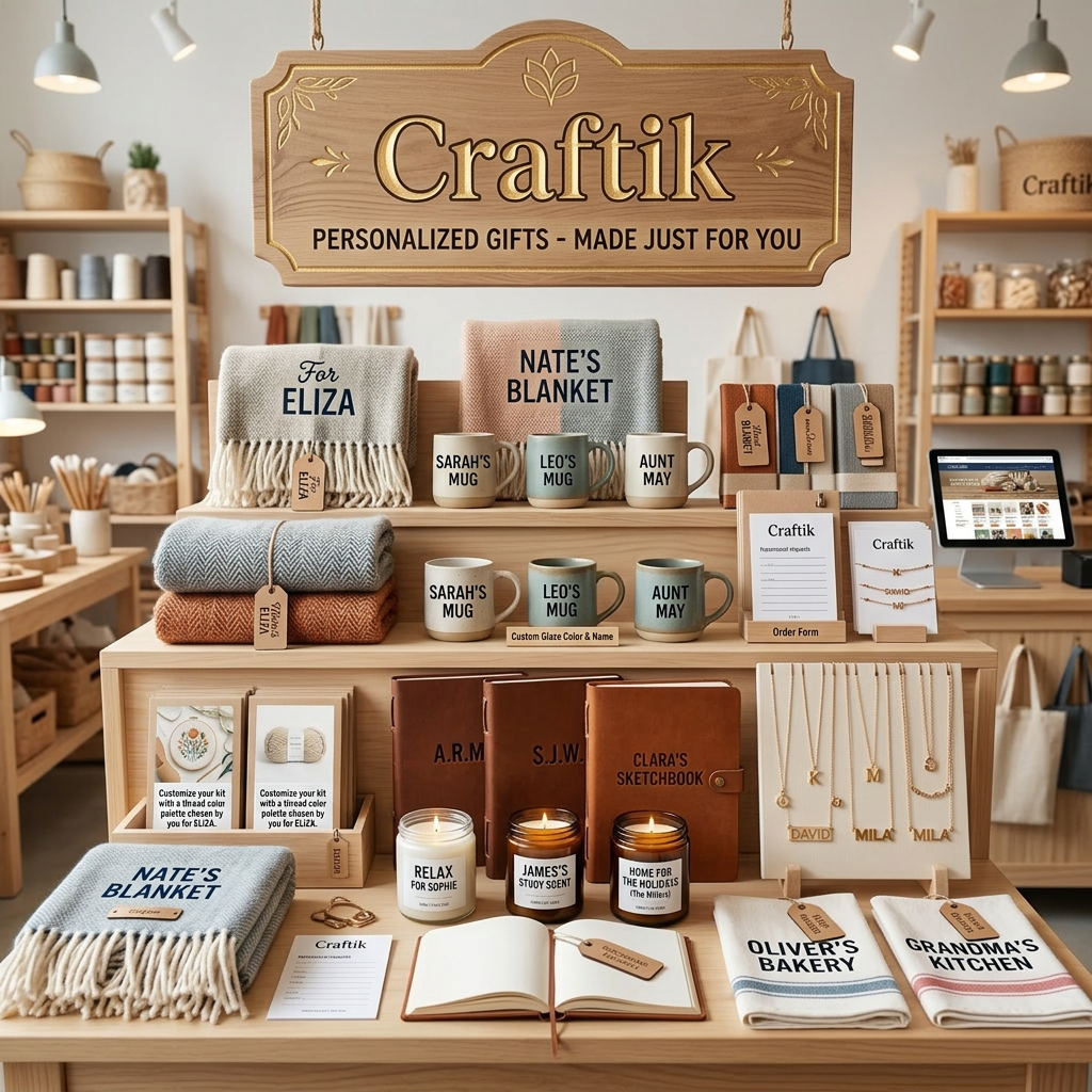 Personalized gifts including blankets, mugs, candles, sketchbooks, and necklaces in a craft store display